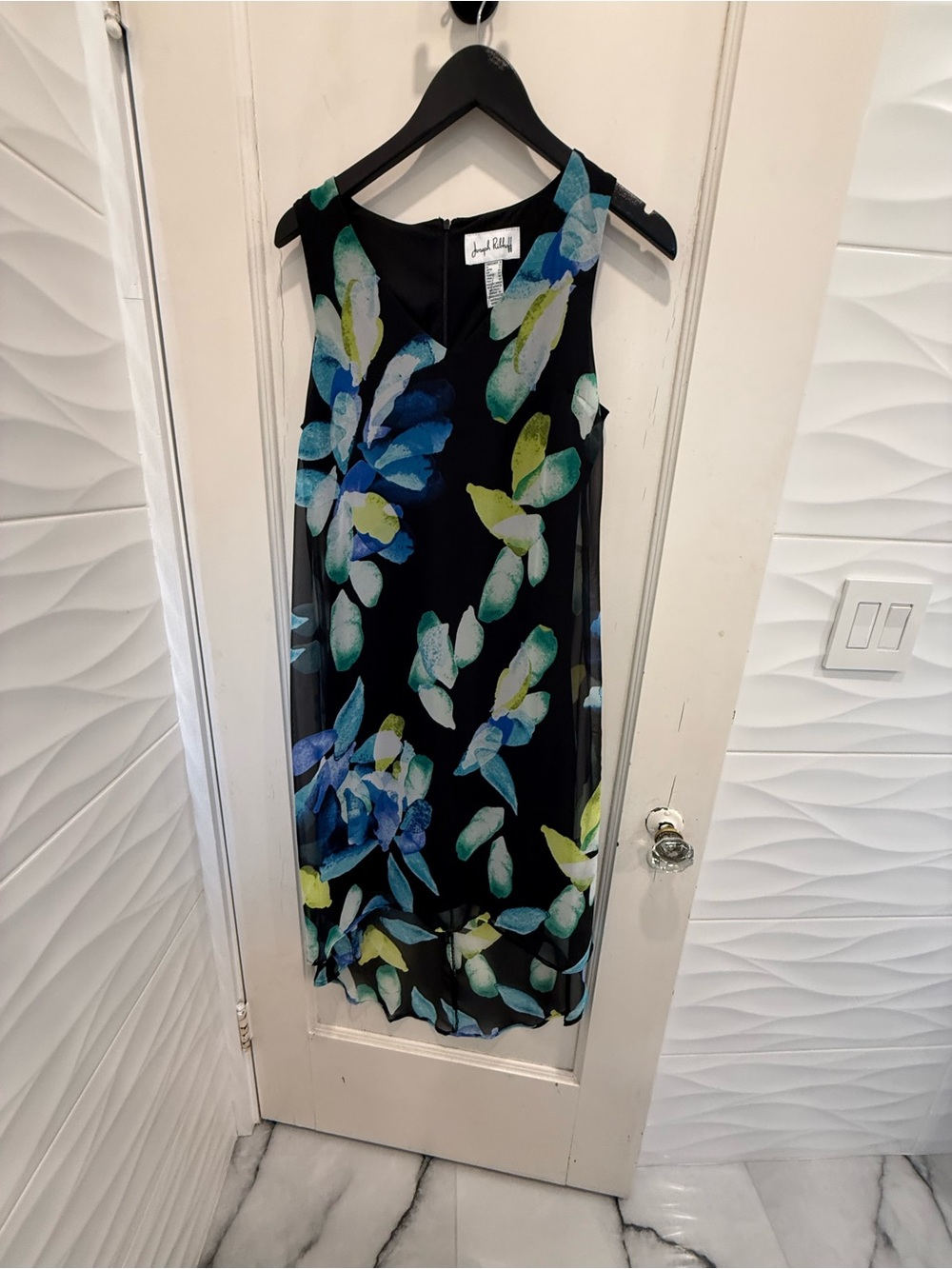 Joseph Ribkoff Black Sleeveless Midi Dress with Blue & Green Floral Print